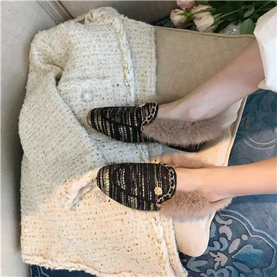 FLATS MOLAN/фирменный дизайн; коллекция года; Роскошная зимняя золотистая декоративная металлическая цепь; лоферы на плоской подошве с мехом; шлепанцы; Вьетнамки; Размеры 35-40; повседневная обувь - Цвет: FLATS