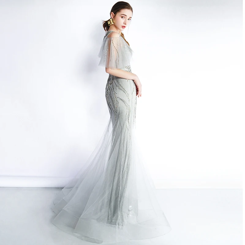 vestido de festa серые Выпускные платья длинное платье круглый вырез короткий рукав вечерние платья Женская официальная Хрустальная Русалочка платья для выпускного вечера