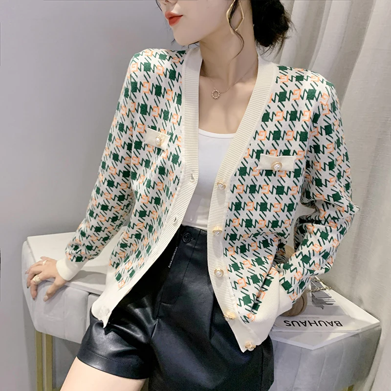 

Knitted Cardigan Women 2021 Korean Vintage V-Neck Women's Sweater Elegant Chic Cardigans Ladies