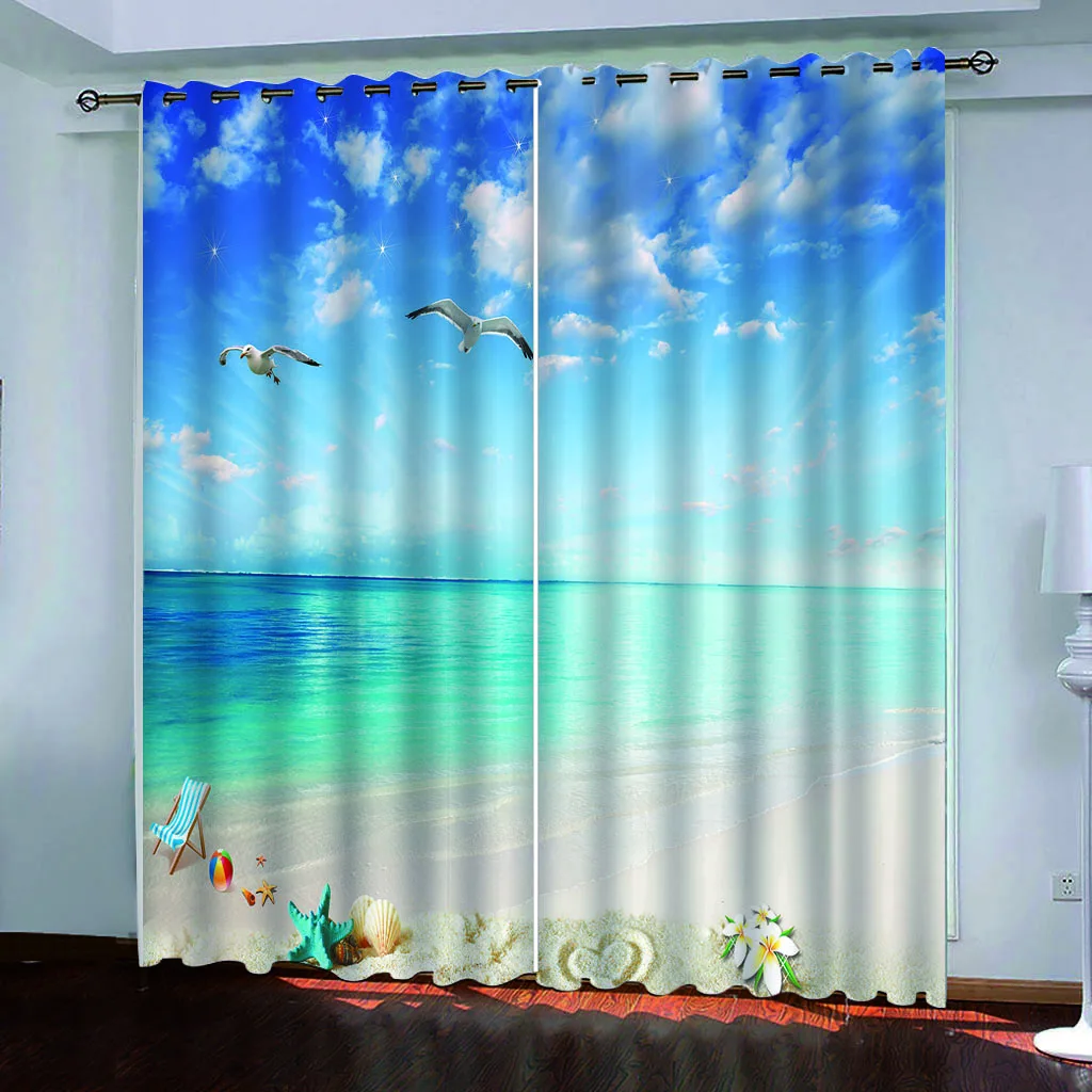 

Custom 3D Beach scenery Blue sky and white clouds Windows Curtains for Living Room Bedroom Decorative Kitchen Curtain Drapes