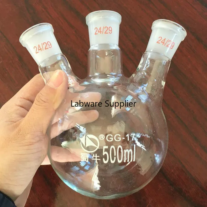 

500ml Round Bottom 3-neck Glass Boiling flask with OBLIGUE NECKS, the bevel Flask with three mouths for Lab Glassware