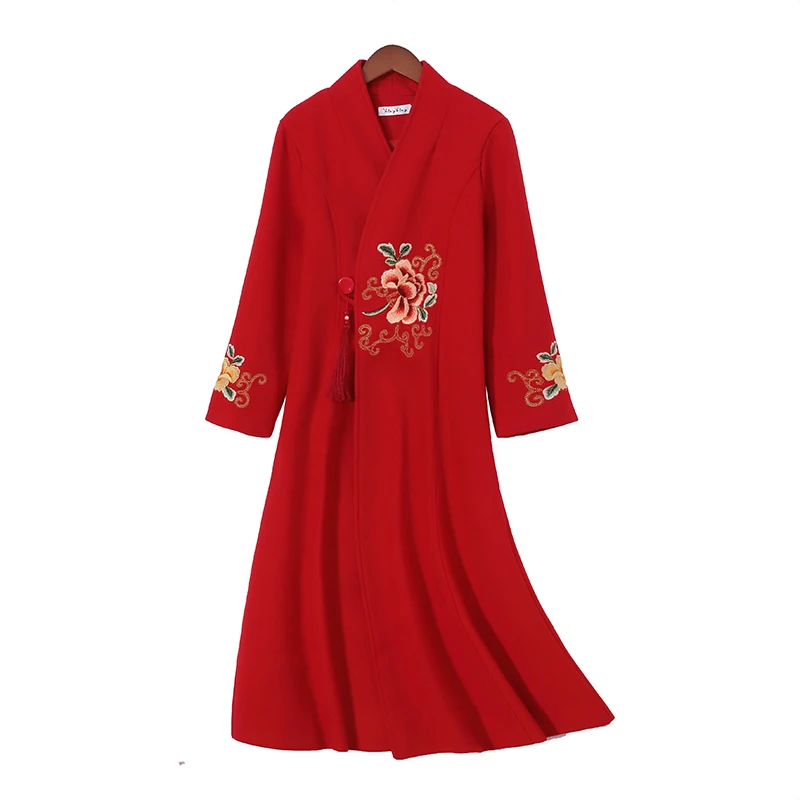 

LUKAXSIKAX 2020 New Autumn Winter Women Woolen Coat High Quality Flowers Embroidery Vintage Chinese Style Long Coat