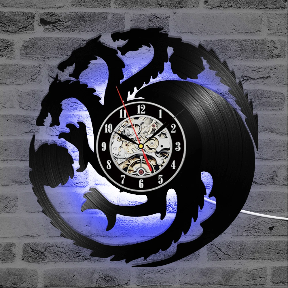 Fire Blood Game of Thrones Theme 3D Record Clock Hollow Round Dragon Shape Hanging Clock Antique Black Room Decor Wall Clock