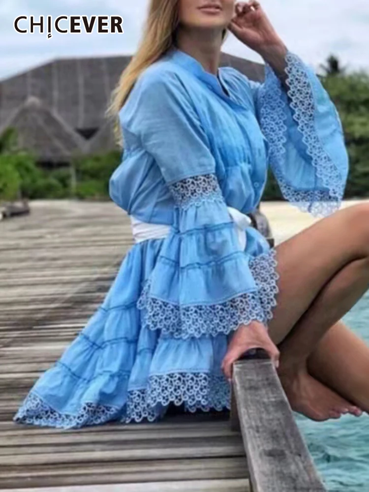 

CHICEVER Cut Out Solid Dress For Women V Neck Long Sleeve Patchwork Lace Trim Casual Mini Dresses Female Korean Fashion 2021