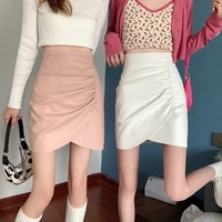 summer korean retro temperament mini pink irregular pu leather skirt women sweet sexy slim high waist black white sweet girl
