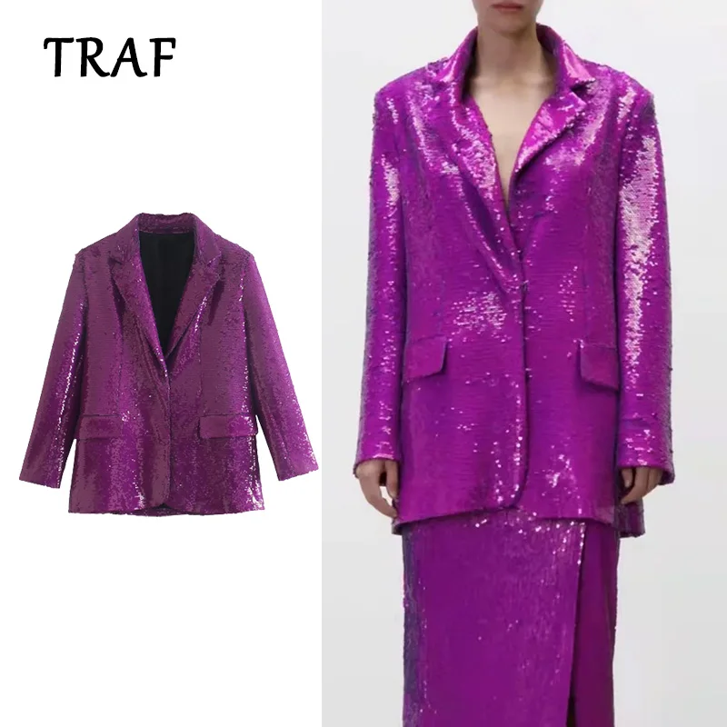 

TRAF Za New 2021 Women's Fashion Sequin Decoration Loose Blazers Coat Woman Vintage Casual Long Sleeve Blaczer Tops