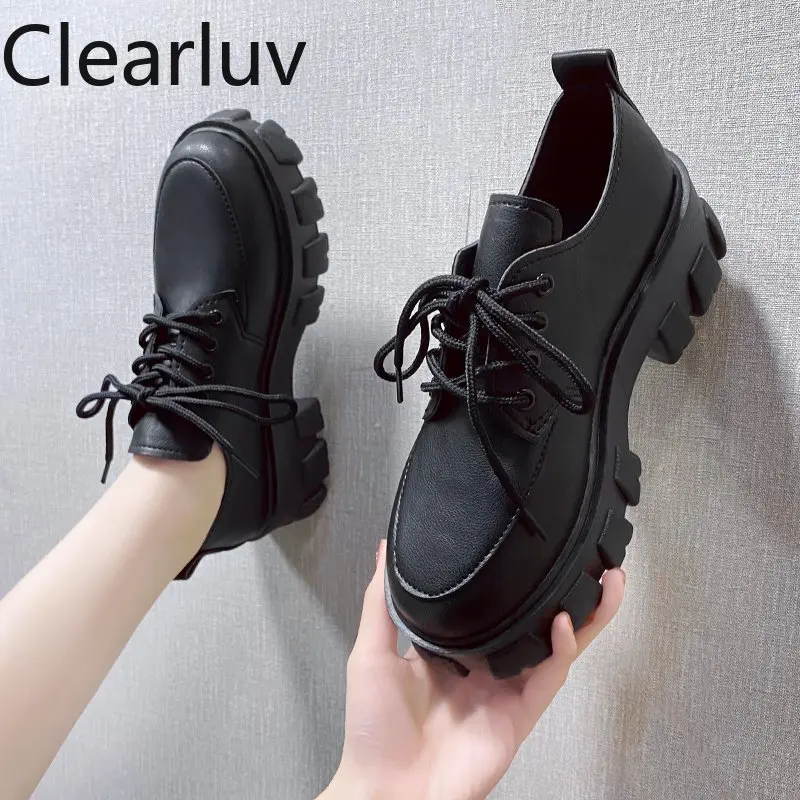 

New platform small leather shoes Lace up Mary Jane student shoes round toe lolita patent leather shoes Loafers Low Heel Shoes