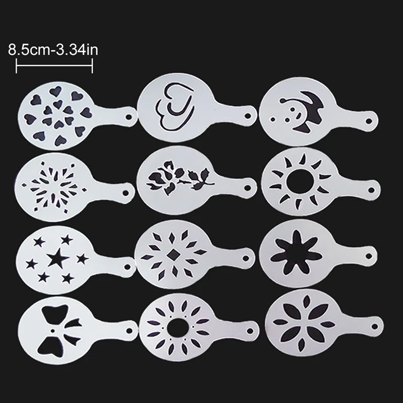 

12PCS Coffee Art Stencils DIY Chocolate Shaker Cocoa Flour Reusable Coffee Template Strew Coffee Decor Kitchen Accessories
