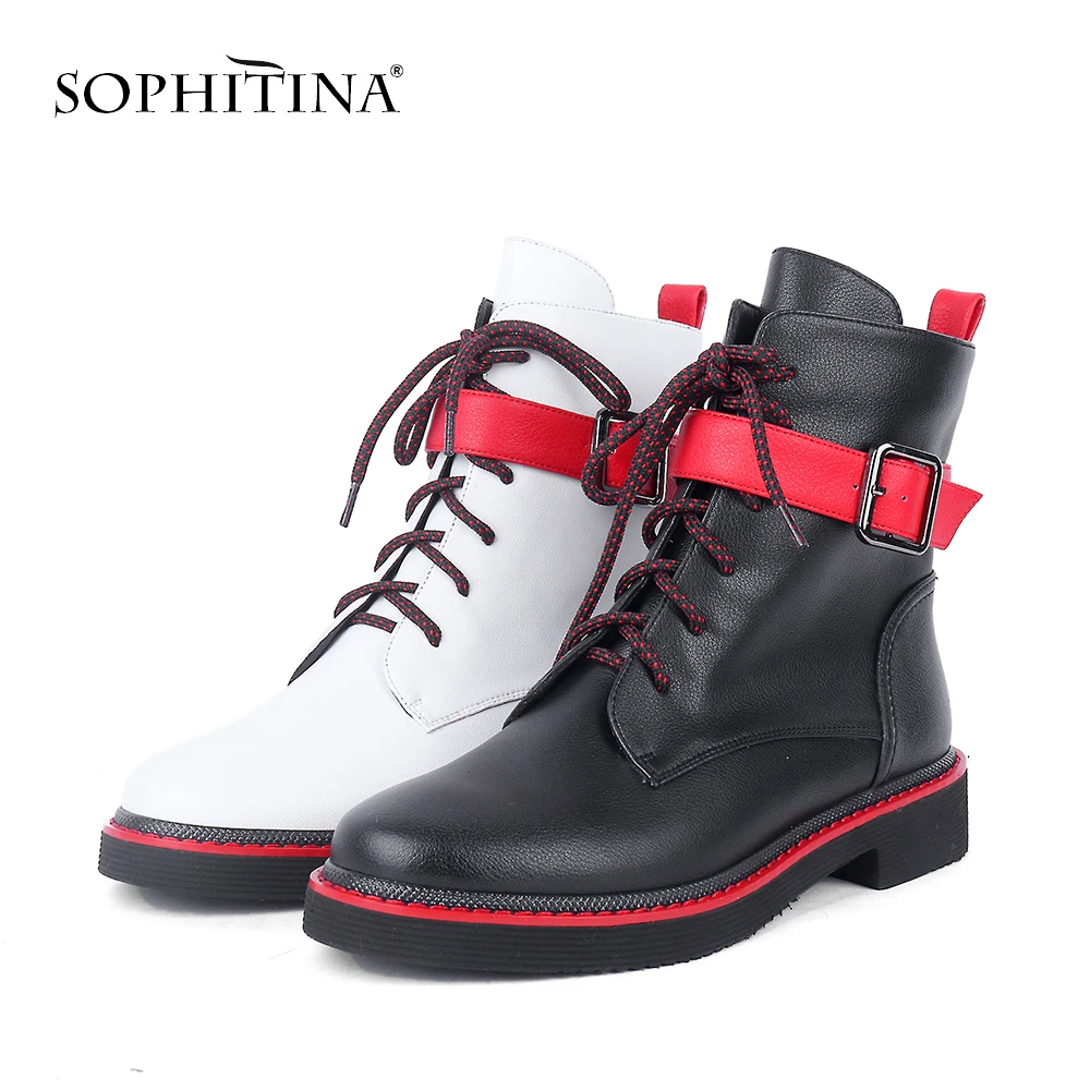 Harga SOPHITINA Fashion Pita Merah Sepatu Kulit Sapi Berkualitas Tinggi Gesper Renda Round Toe Wanita Sepatu Baru Buatan Tangan Semata Kaki SC659