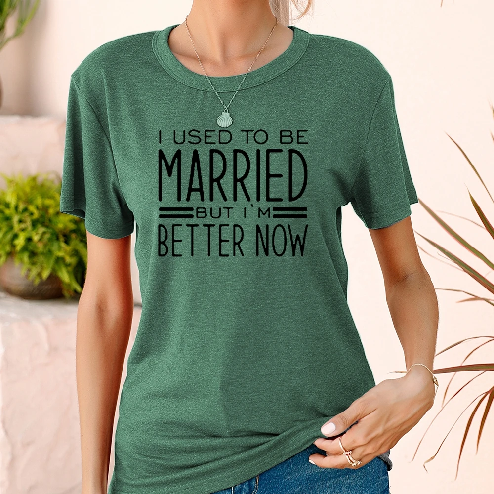 

Fashion European Style Lady I Used To Be Married Letter Print Harajuku Creative Colored Cotton Ventilate Short Sleeve Crew Neck