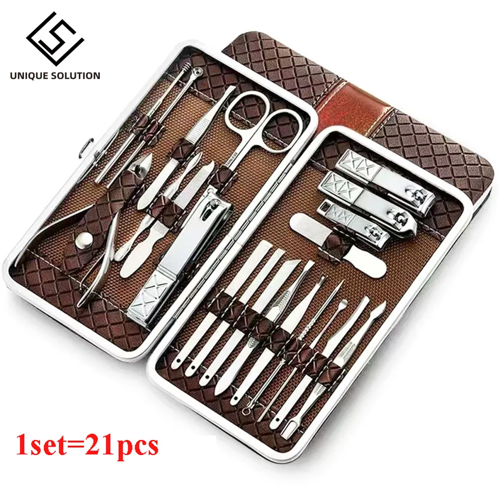 

21 pcs Manicure Set kit Pedicure Scissor Tweezer Knife Ear pick Utility Nail Clipper Stainless steel Nail Care Tool Sets Upgrade