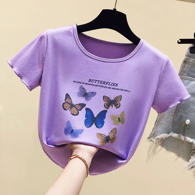 

Houthion Women's T-shirt O-neck Short Sleeve Top Summer New Fashion Simplicity Casual Slim All-match Butterfly Print