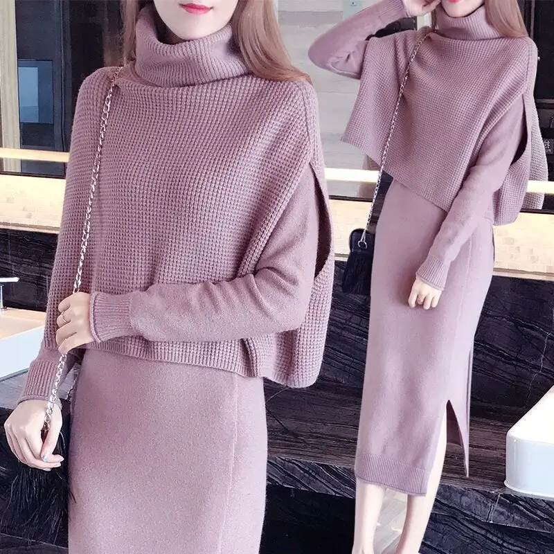 

Solid Knitted Autumn 2021 Two Pieces Women Set Turtleneck Sleeveless Pullover Long Sleeve Calf Length Dress Office Ladies Set