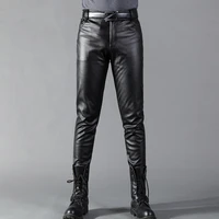 high quality brand men leather pants skinny fit elastic style fashion pu leather trousers motorcycle pants thin streetwear