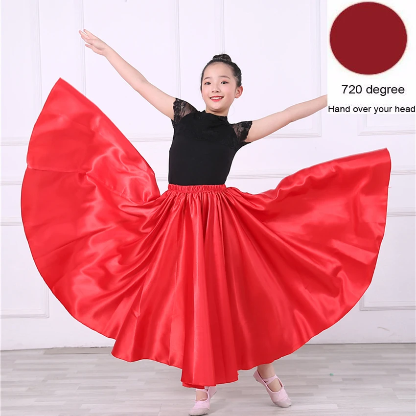 Red 720 degree Атласная, шелковая, гладкая, цыганская, детская, для девочек, для фламенко, юбка для танцев, Восточная Индия, Одежда для танцев, испанские бальные костюмы - Цвет: Red 720 degree