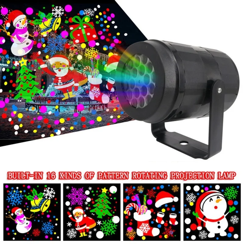 

LED Christmas Snowflake Snowstorm Projector Light 16 Patterns Rotating Stage Projection Lamps for Party KTV Bars Xmas Decoration