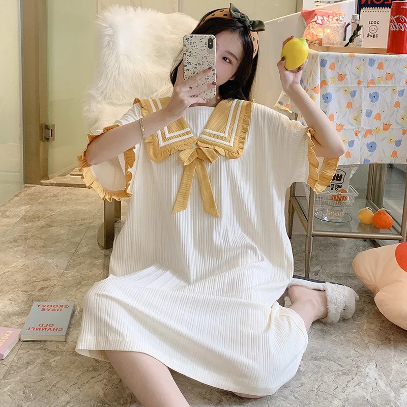 

Женская белая длинная хлопковая ночная рубашка, летняя новая ночная рубашка с расклешенными рукавами, домашняя одежда с милым бантом и отде...