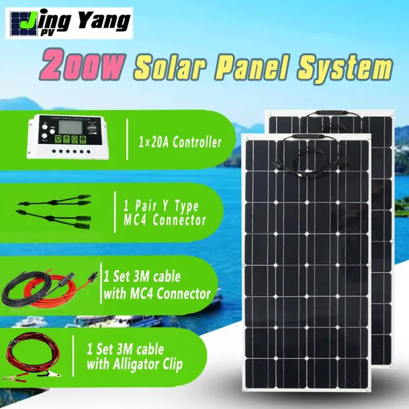 Harga 200W 100W Panel Surya Fleksibel 20A/10A Solar Charger Controller Modul Untuk Rumah Atap Mobil RV Perahu Van 12V/24V Solar Baterai