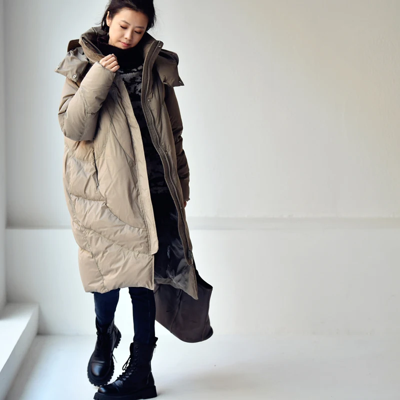 

MICOCO Y7762C Literary and simple temperament design cocoon loose show long hooded down jacket women