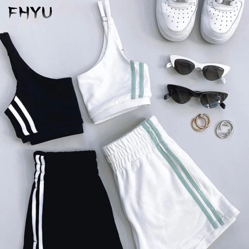 

FHYU Summer New Style Sleeveless Sportswear Women Vinylon Fashion Sports Casual Street Movement Suit Female Homewear S,M,L,XL