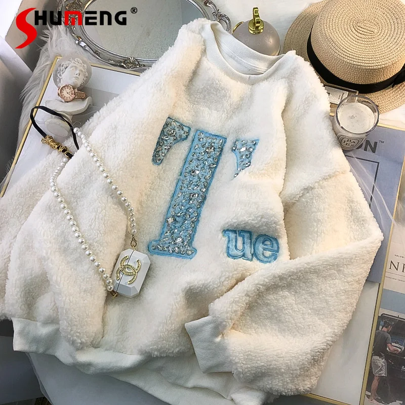 

Новинка Зима 2021, модная женская простая толстовка из овечьей шерсти с круглым вырезом, женский милый свободный утепленный пуловер со страза...