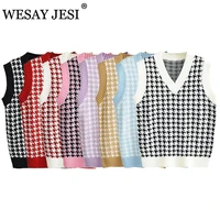wesay jesi womans vest za knitted vests vintage houndstooth sweater women retro sleeveless pullover y2k vest chic knitted top