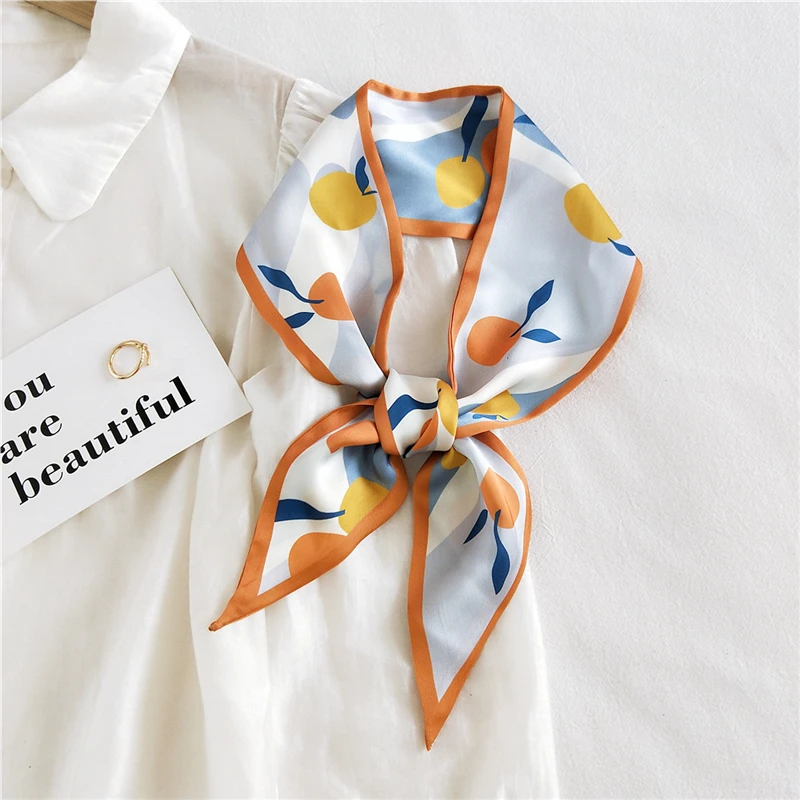 

NEW Fruit Print Women Small Silk Scarf Bandana Handle Bag Ribbons Female Head Scarves Sharp Angle Neckerchief 5x95cm