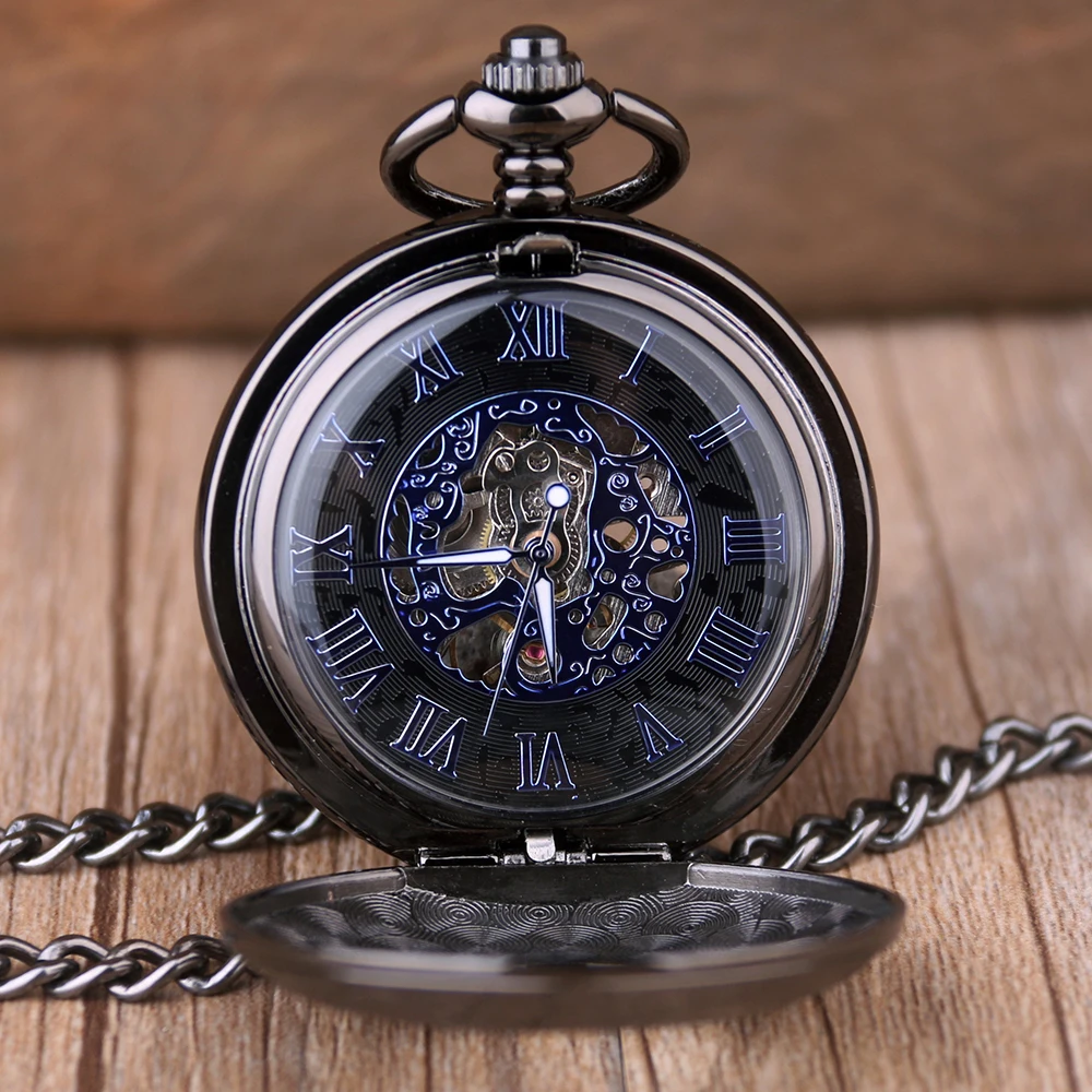 Black Steampunk Roman Numerals Display Skeleton Hand Style Mechanical Pocket Watch Retro Gentleman Men's Pendant Accessories