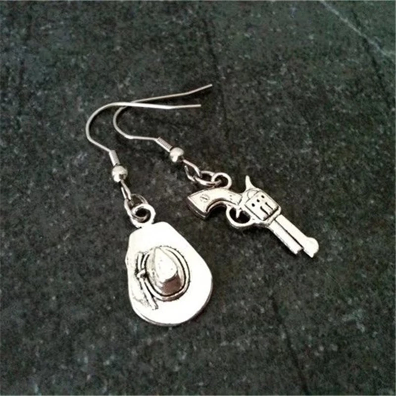 

Vintage Style Cowboy Hat Earrings, Gun Earrings, Gift for Cowboy Culture Lovers Birthday Present