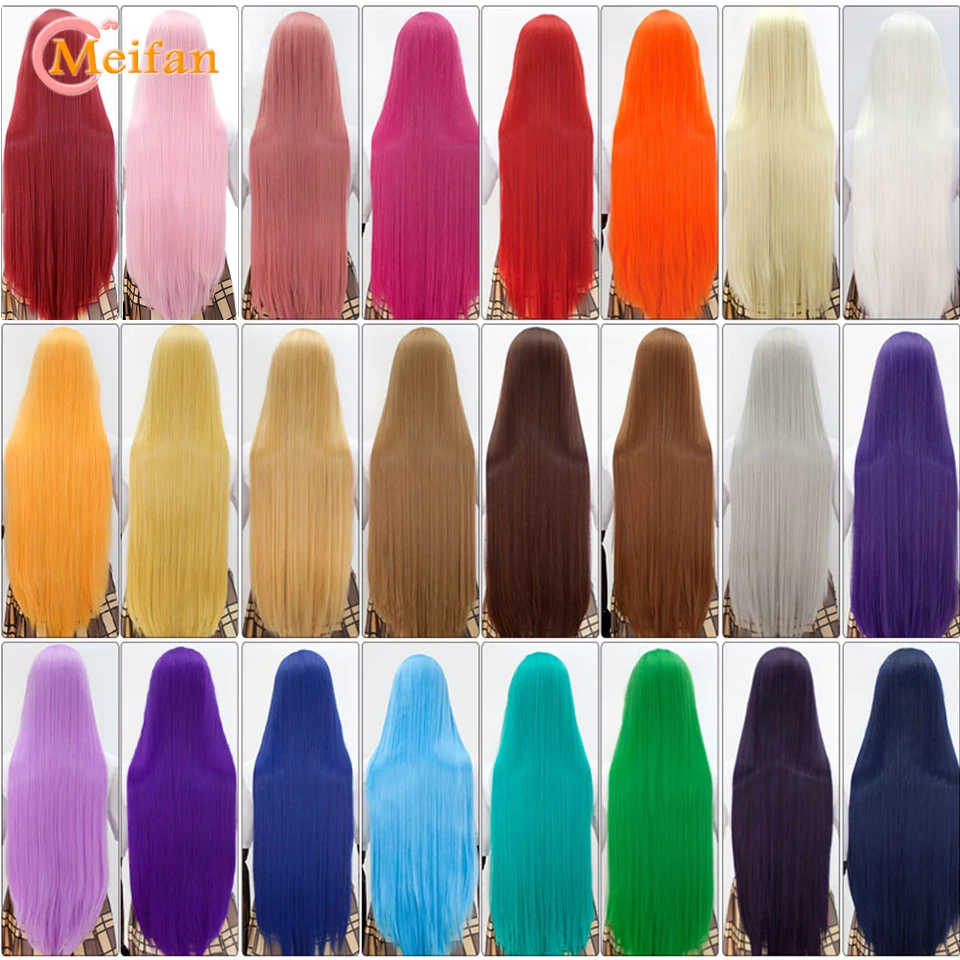 MEIFAN-Peluca de Cosplay sintética para mujer, pelo largo y liso de 100CM, color rubio, azul, rojo, rosa y morado, para fiesta