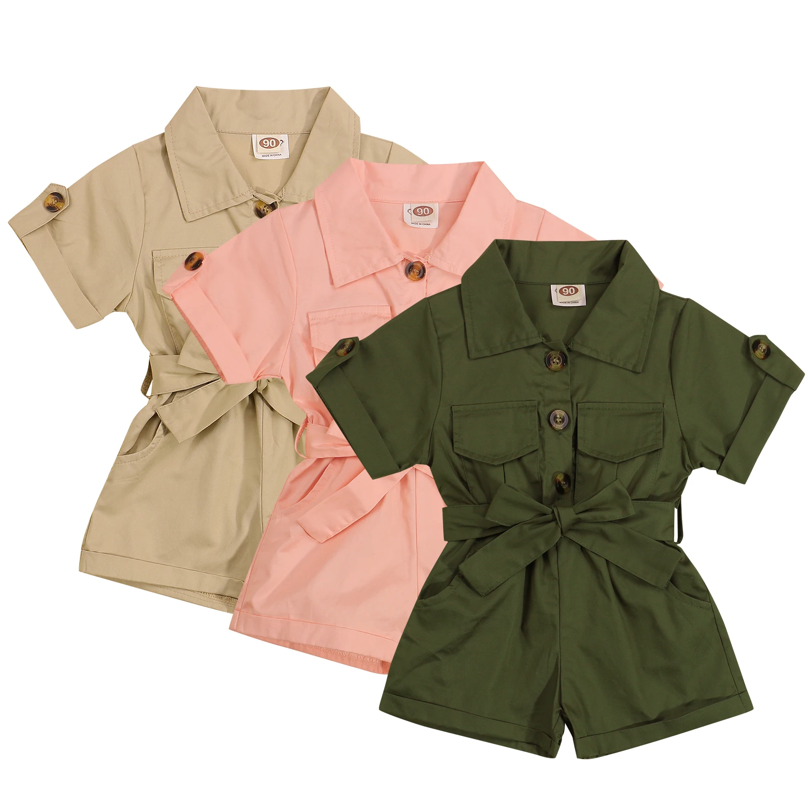 

Baby Girl Kids Jumpsuits Lapel Short Sleeve Solid Color Belted Jumpsuit Short Pant Windbreak Style Rompers