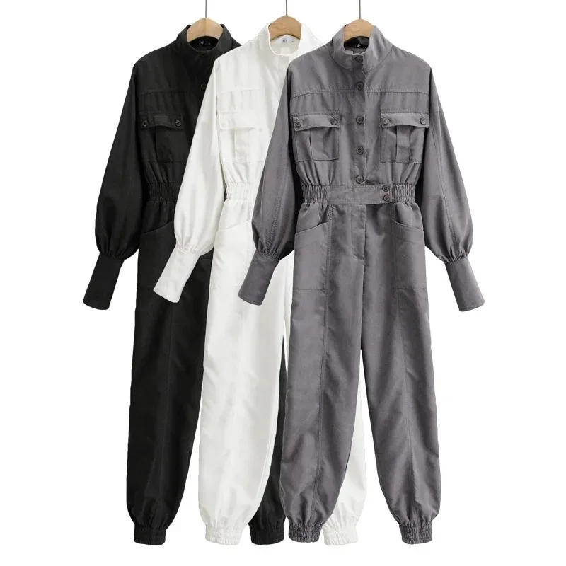

TVVOVVVIN Spring New Loose Women's Jumpsuits Fashion High Waist Pocket Casual Lantern Sleeve White Cargo Pants X8O1