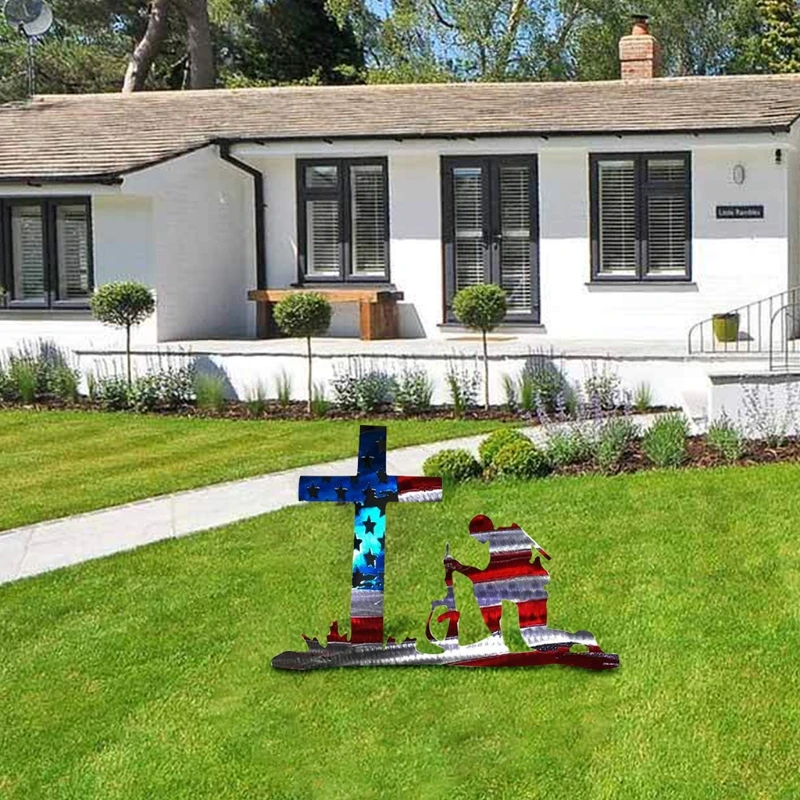 

Weathered American Flag Metal Kneeling Soldier Art Decoration with Cross 4th of July Independence Day Patriotic Ornament