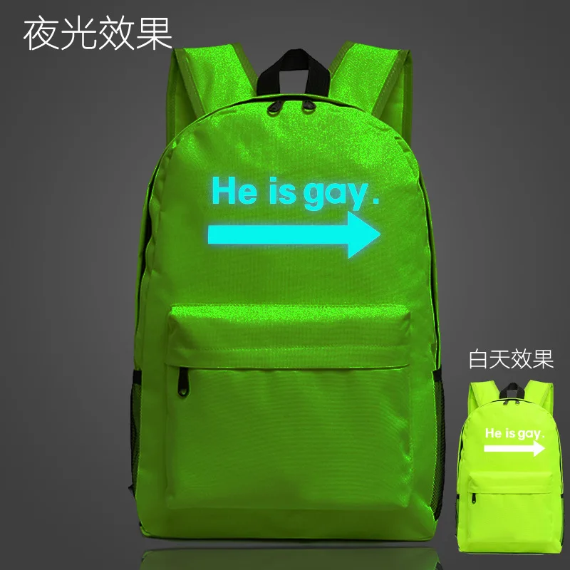 Модный практичный рюкзак с надписью HE IS GAY для задней школы светящаяся школьная