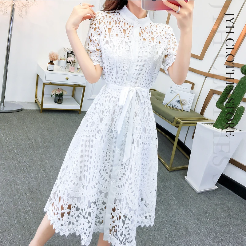 

Женское плиссированное платье, модельное однобортное платье в горошек с воротником-стойкой и коротким рукавом, кружевное ажурное платье, в...