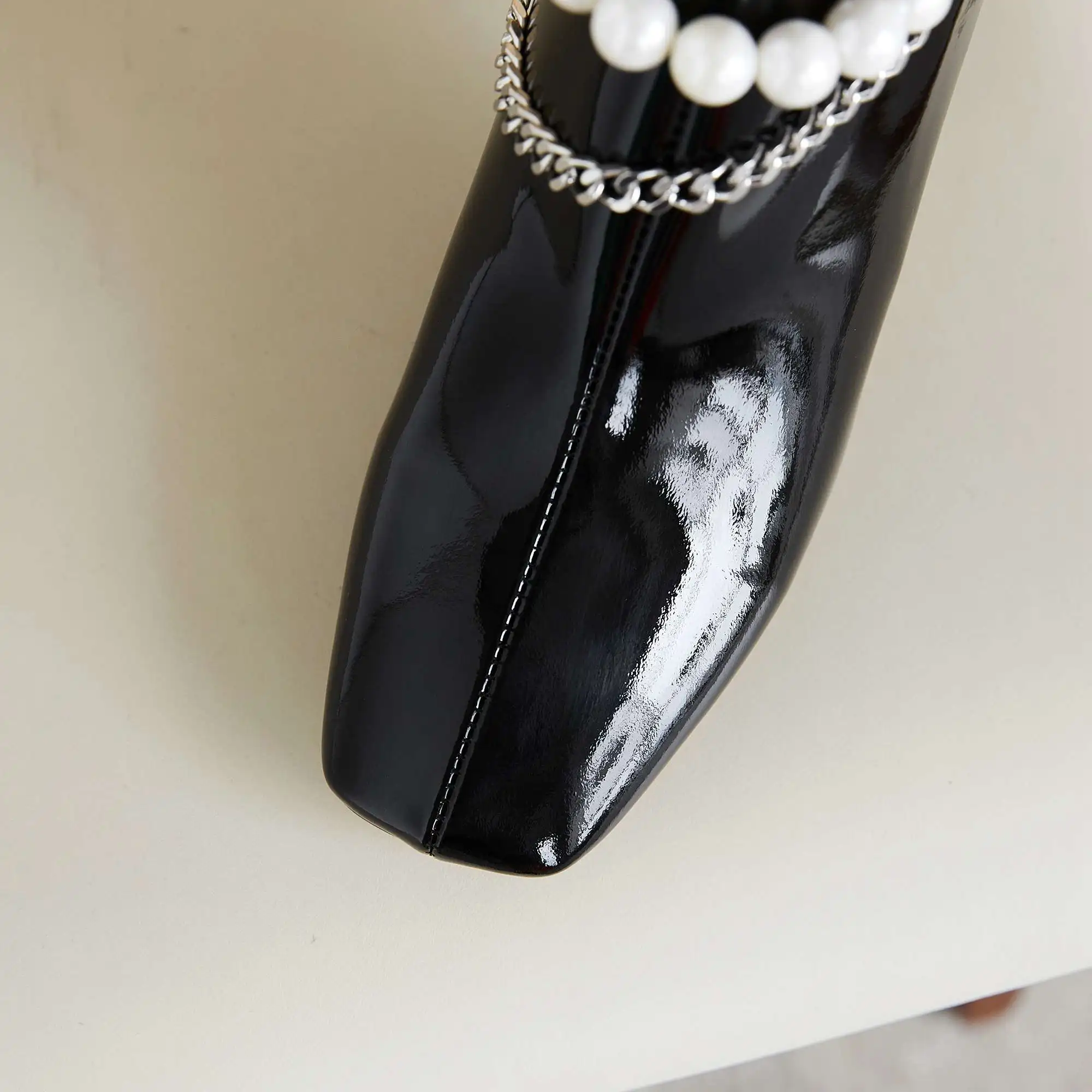 

Krazing pot riding boots chains pearl beading decorations thick high heel square toe zipper mature nightclub knee high boots L80