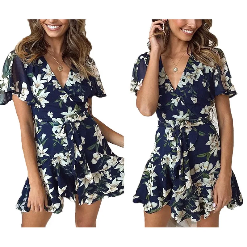 

2021 New Fashion Summer Floral Short Dress Women Casual V-neck Lace Up Print Mini Short Sleeve Print Ladies Dress