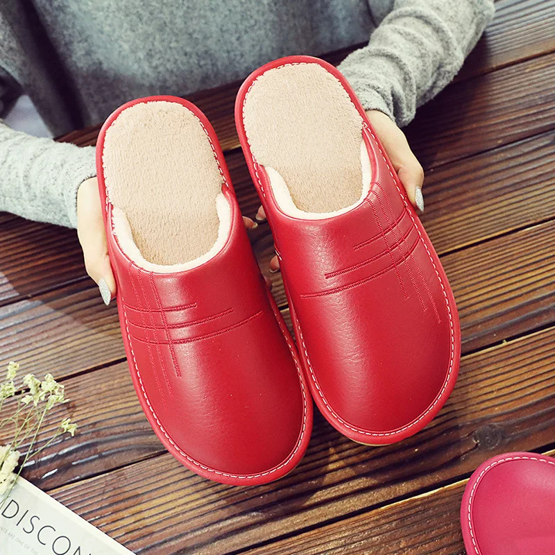

2022 Winter Warm Slippers Women Men Home Floor Shoes Waterproof PU Leather Soft Plush Comfortable Lovers Indoor House Slipper