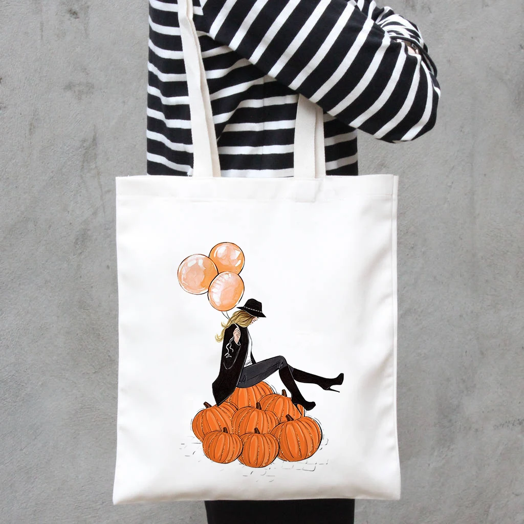 

Halloween Reusable Shopping Bag Most Wonderful Time of The Year Fall Pumpkin Large Capacity Canvas Tote Bag Fabric Women Handbag