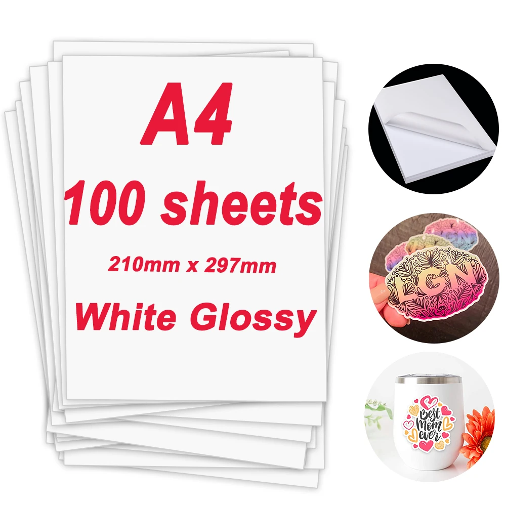 

Unismar 100 Sheets Inkjet Printer Paper Printable Vinyl Sticker Paper A4 Glossy Self-adhesive Waterproof Printing Paper DIY Tag