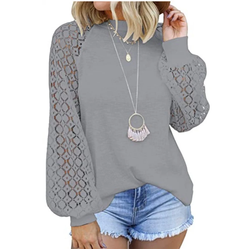 

Elegant Lace Long Sleeve Shirt Women Fashionable Hollow Out Round Neck Solid Color Tops Autumn Female Casual Tees Top Outerwear