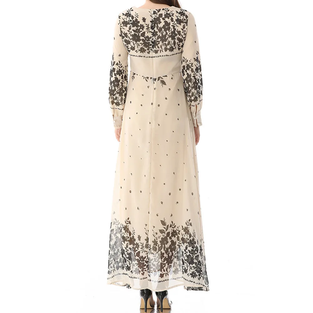 

Muslim Ladies Dresses Spring Autumn Fashion Temperament Loose Casual Retro High Waist Printing Round Neck Long Sleeve
