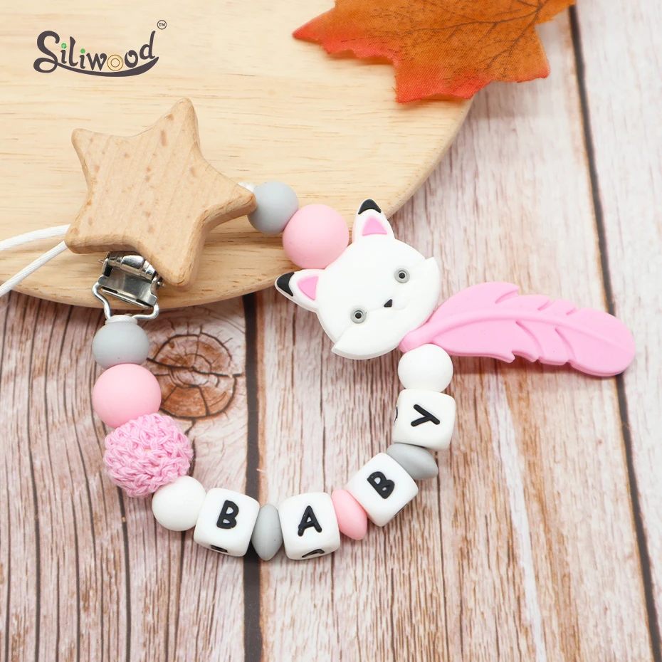 1pc Personalized Name Pacifier Clips Fox Feather Dummy Holder Chain For Infant Feeding Toddler Teething Toys Beech Nipples Clip