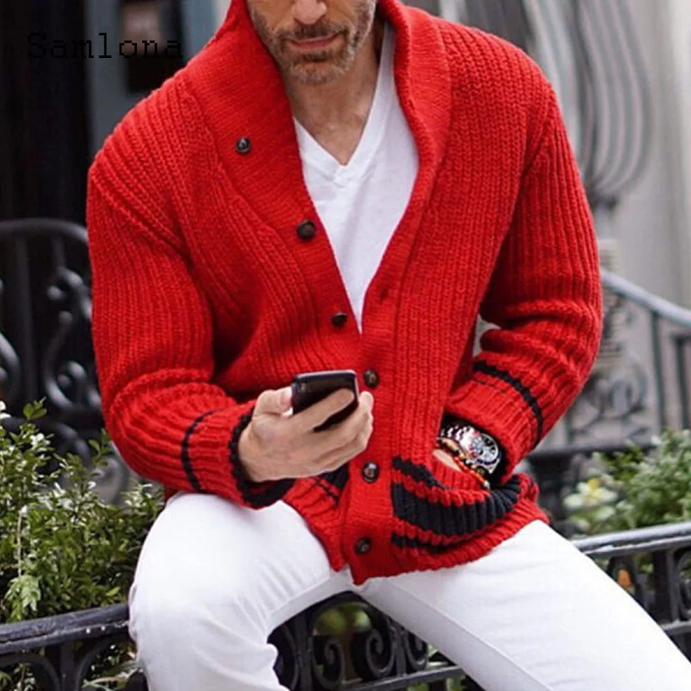 Plus Size Men Knitted Sweaters Winter Warm Coats Mens Streetwear 2021 Single Breasted Top Cardigan Red Striped Sweater Homme 3xl