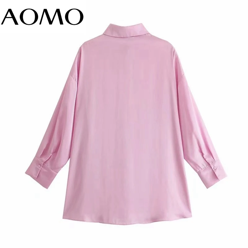 

AOMO Women Retro Pink Satin Blouse Shirt Long Sleeve 2021 Chic Female Shirt Tops 3H284A