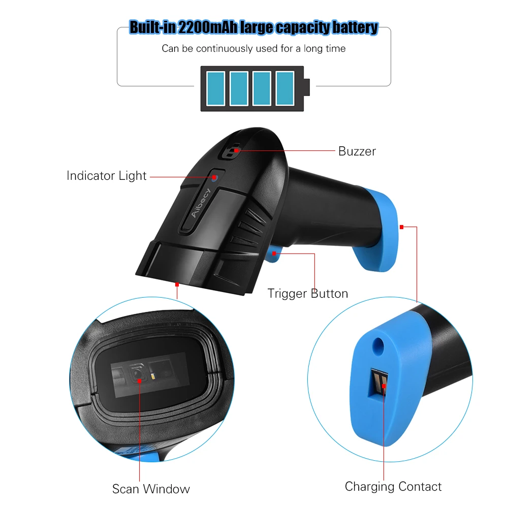 Беспроводной сканер штрих кодов Aibecy 1D 2D QR считыватель с USB держателем зарядным