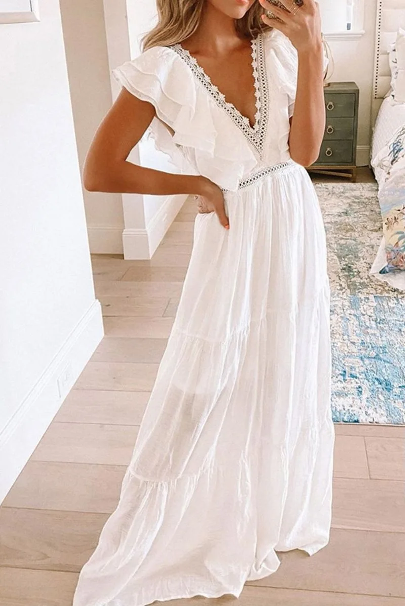 

Bohemian Long Dress Women V Neck Short Sleeve Lace Tassel Floor Length Big Hem Beach Seaside Loose Casual Summer 2021 New