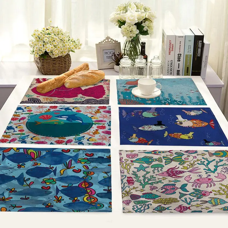 

Cute Sea Creature Painting Kitchen Placemat Dining Table Mat Coaster Cotton Linen Pads Western Mat Home Decor Accessory 42*32cm