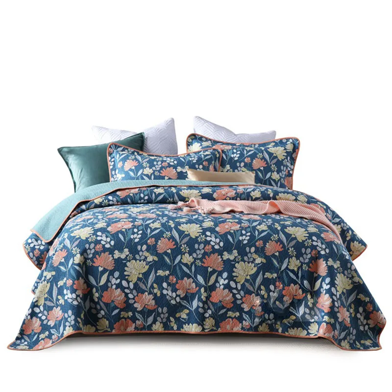 

CHAUSUB Blue Bedspreads Quilt Set 3pcs Cotton Quilts For Bed Quilted Bed Cover King Queen Size Print Coverlet Summer Blanket