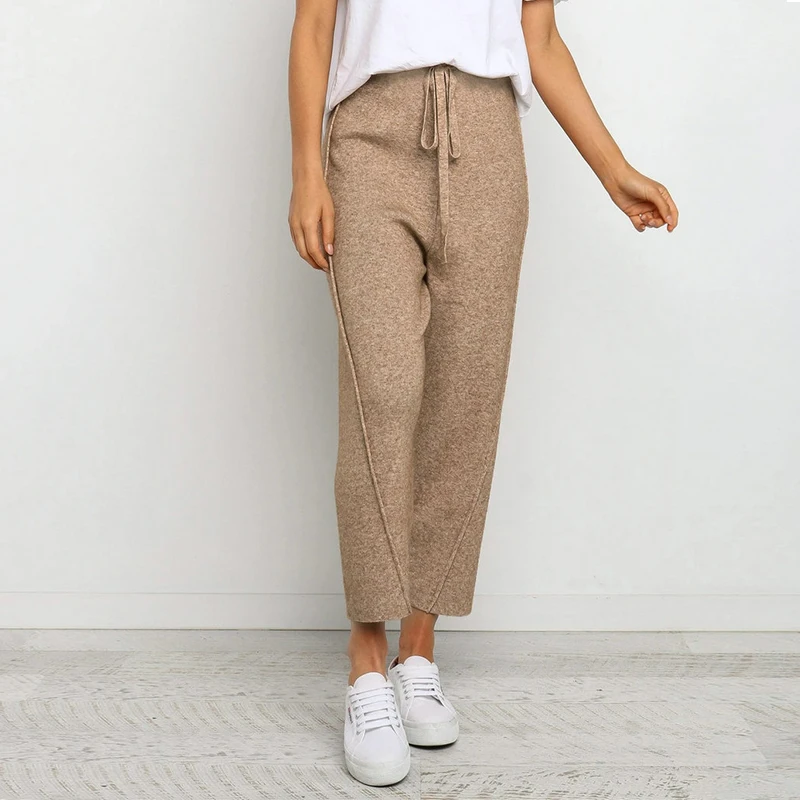 

New Arrivals Women Summer Casual Loose Long Pants Patchwork Design Bandage Decor Mid Waist Solid Color Trousers For Streetwear